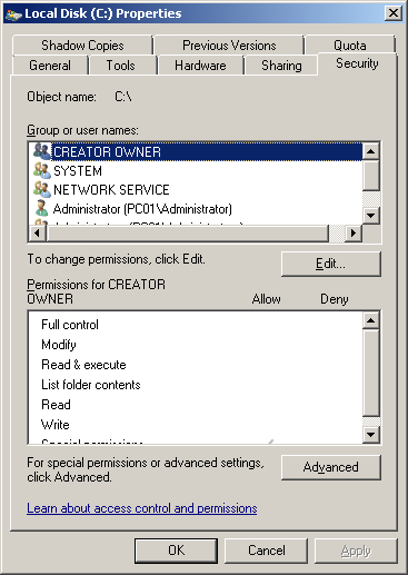GUI to manage access rights is accessible via Windows Explorer